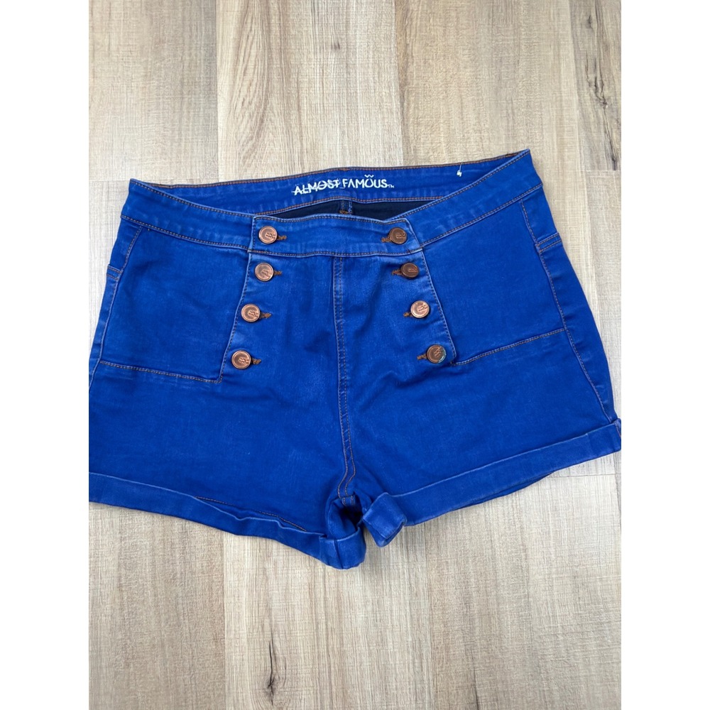 Almost Famous Womens Blue Sailor Button High Waist Denim Shorts Size 13 Nautical